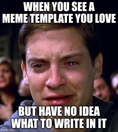 crying peter parker | WHEN YOU SEE A MEME TEMPLATE YOU LOVE; BUT HAVE NO IDEA WHAT TO WRITE IN IT | image tagged in crying peter parker | made w/ Imgflip meme maker