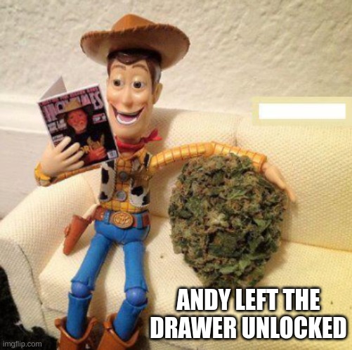 the secret stash | ANDY LEFT THE DRAWER UNLOCKED | image tagged in woody with weed | made w/ Imgflip meme maker