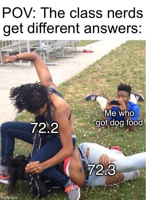 Guy recording a fight | POV: The class nerds get different answers:; Me who got dog food; 72.2; 72.3 | image tagged in guy recording a fight,class,nerds | made w/ Imgflip meme maker