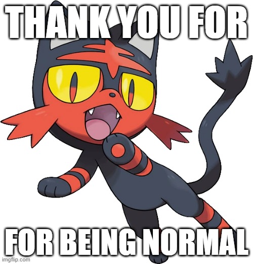 thank you for being normal | THANK YOU FOR; FOR BEING NORMAL | image tagged in pokemon,litten | made w/ Imgflip meme maker