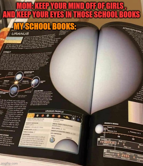 MOM: KEEP YOUR MIND OFF OF GIRLS ,
AND KEEP YOUR EYES IN THOSE SCHOOL BOOKS; MY SCHOOL BOOKS: | image tagged in funny | made w/ Imgflip meme maker
