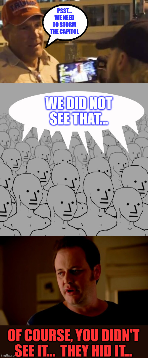 They only see what their misleadia wants them to see... | PSST... WE NEED TO STORM THE CAPITOL; WE DID NOT SEE THAT... OF COURSE, YOU DIDN'T SEE IT...  THEY HID IT... | image tagged in npc-crowd,jake from state farm,blind,stupid liberals | made w/ Imgflip meme maker