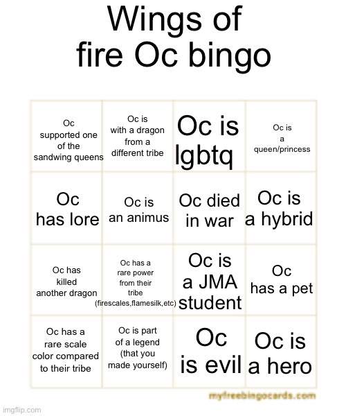 New wings of fire oc bingo template! | Wings of fire Oc bingo; Oc supported one of the sandwing queens; Oc is a queen/princess; Oc is lgbtq; Oc is with a dragon from a different tribe; Oc has lore; Oc is a hybrid; Oc is an animus; Oc died in war; Oc has a rare power from their tribe (firescales,flamesilk,etc); Oc has a pet; Oc is a JMA student; Oc has killed another dragon; Oc is part of a legend (that you made yourself); Oc is a hero; Oc is evil; Oc has a rare scale color compared to their tribe | image tagged in wof,oc,bingo | made w/ Imgflip meme maker