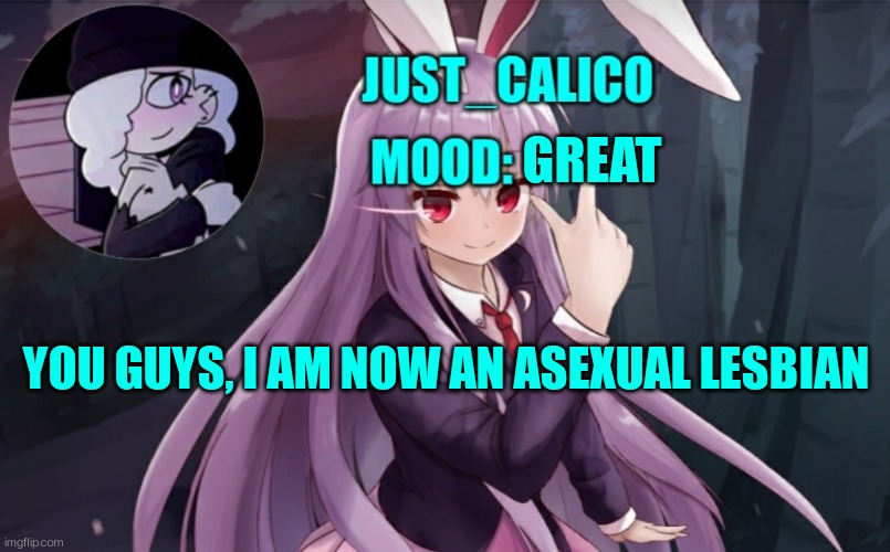 Coming out (Again) | GREAT; YOU GUYS, I AM NOW AN ASEXUAL LESBIAN | image tagged in just_calico's anouncment template | made w/ Imgflip meme maker