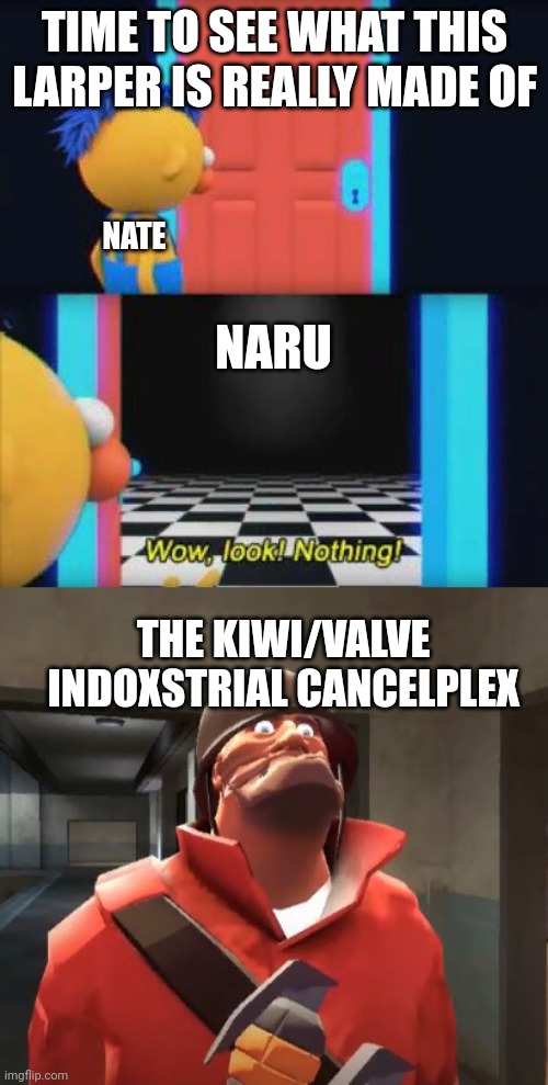 TIME TO SEE WHAT THIS LARPER IS REALLY MADE OF; NATE; NARU; THE KIWI/VALVE INDOXSTRIAL CANCELPLEX | image tagged in wow look nothing,i am scared you maggots | made w/ Imgflip meme maker