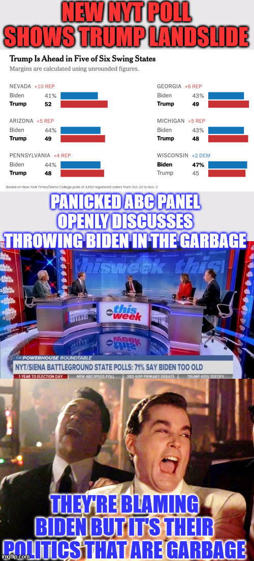 Looks like the misleadia have been given the green light to throw Joe Biden in the trash can. | NEW NYT POLL SHOWS TRUMP LANDSLIDE; PANICKED ABC PANEL OPENLY DISCUSSES THROWING BIDEN IN THE GARBAGE; THEY'RE BLAMING BIDEN BUT IT'S THEIR POLITICS THAT ARE GARBAGE | image tagged in memes,good fellas hilarious,bye bye,dementia,joe biden | made w/ Imgflip meme maker