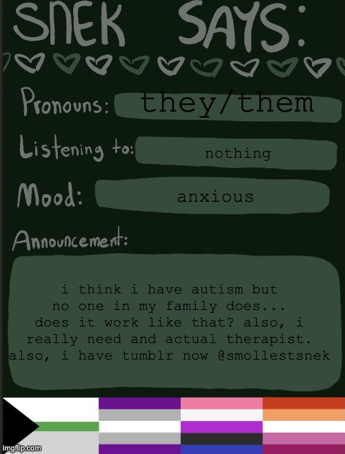ye | they/them; nothing; anxious; i think i have autism but no one in my family does... does it work like that? also, i really need and actual therapist. also, i have tumblr now @smollestsnek | image tagged in sneks announcement temp | made w/ Imgflip meme maker
