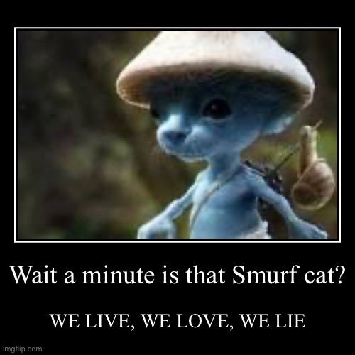 WTH is that Smurf cat | Wait a minute is that Smurf cat? | WE LIVE, WE LOVE, WE LIE | image tagged in funny,demotivationals | made w/ Imgflip demotivational maker