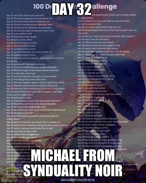 100 day anime challenge | DAY 32; MICHAEL FROM SYNDUALITY NOIR | image tagged in 100 day anime challenge | made w/ Imgflip meme maker