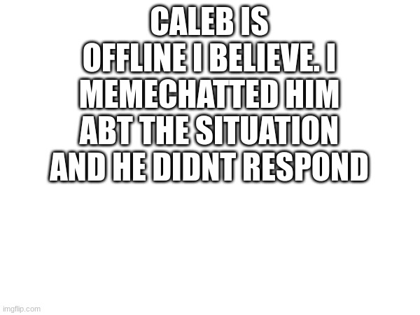 . | CALEB IS OFFLINE I BELIEVE. I MEMECHATTED HIM ABT THE SITUATION AND HE DIDNT RESPOND | made w/ Imgflip meme maker