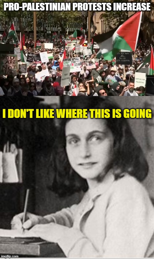 PRO-PALESTINIAN PROTESTS INCREASE; I DON'T LIKE WHERE THIS IS GOING | image tagged in pro-palestine rally in sydney,anne frank | made w/ Imgflip meme maker