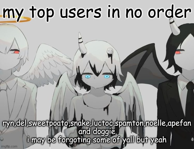 @ryn@dellywell@-sweetpotat-@emo-snake@luctoc@doggie | my top users in no order; ryn,del,sweetpoato,snake,luctoc,spamton,noelle,apefan and doggie i may be forgoting some of yall but yeah | image tagged in avogado6 depression | made w/ Imgflip meme maker