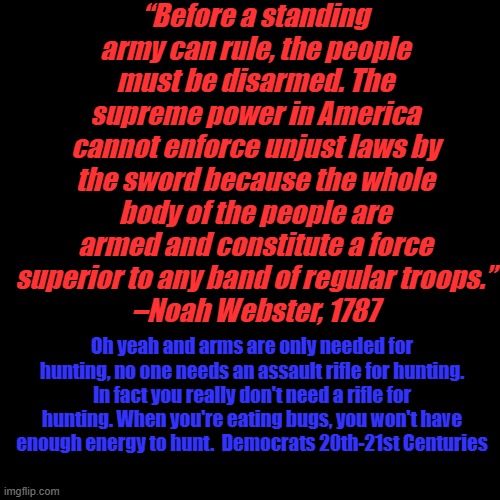 If foreign invaders threaten your family, be nice and just lay down to get murdered...the founders didn't mean modern weapons. | “Before a standing army can rule, the people must be disarmed. The supreme power in America cannot enforce unjust laws by the sword because the whole body of the people are armed and constitute a force superior to any band of regular troops.”
–Noah Webster, 1787; Oh yeah and arms are only needed for hunting, no one needs an assault rifle for hunting. In fact you really don't need a rifle for hunting. When you're eating bugs, you won't have enough energy to hunt.  Democrats 20th-21st Centuries | image tagged in plain black template | made w/ Imgflip meme maker