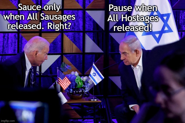 Biden Gaza | Pause when All Hostages released! Sauce only when All Sausages released. Right? | image tagged in biden,hamas | made w/ Imgflip meme maker