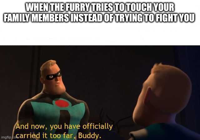 And now you have officially carried it too far buddy | WHEN THE FURRY TRIES TO TOUCH YOUR FAMILY MEMBERS INSTEAD OF TRYING TO FIGHT YOU | image tagged in and now you have officially carried it too far buddy | made w/ Imgflip meme maker