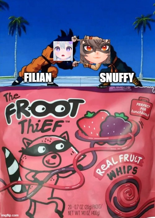 Filian + Snuffy= Fluffy! A cat and a coon? Maine Coon! Fluffy the Maine Coon Froot Thief! Filipino Furry Fluffy the Fruit thief! | FILIAN; SNUFFY | image tagged in dbz fusion,vtuber,filian,fruit snacks,snuffy,racoon | made w/ Imgflip meme maker