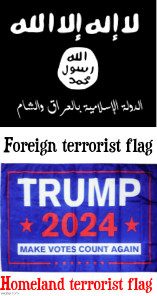 Terrorists flags | image tagged in isis flag,trump flag,terrorists,fascosts,autocracy,maga | made w/ Imgflip meme maker