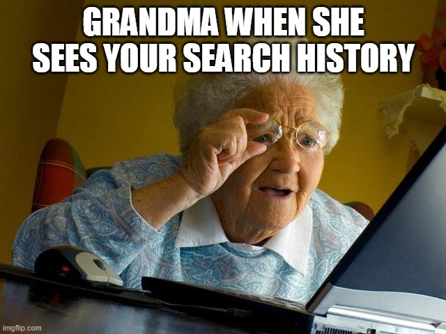 Grandma Finds The Internet Meme | GRANDMA WHEN SHE SEES YOUR SEARCH HISTORY | image tagged in memes,grandma finds the internet | made w/ Imgflip meme maker