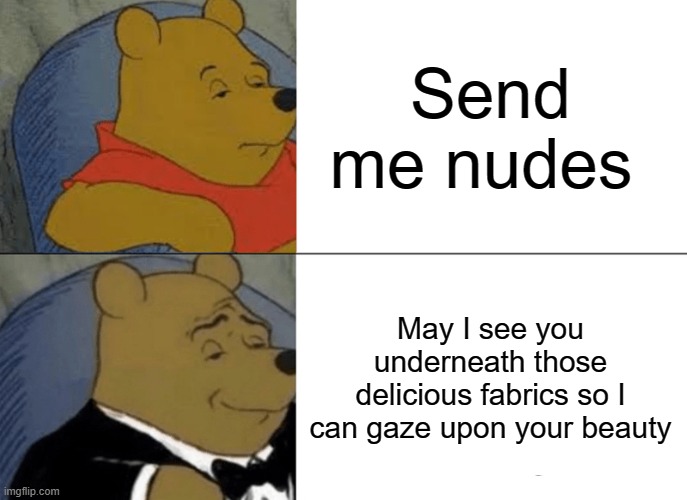 Tuxedo Winnie The Pooh | Send me nudes; May I see you underneath those delicious fabrics so I can gaze upon your beauty | image tagged in memes,tuxedo winnie the pooh | made w/ Imgflip meme maker