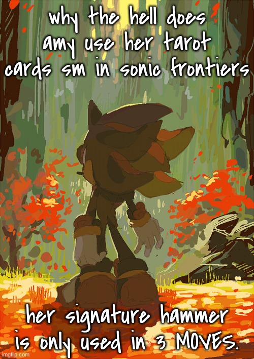 i get fortune stuff is her thing but unless you know enough about amy its confusing | why the hell does amy use her tarot cards sm in sonic frontiers; her signature hammer is only used in 3 MOVES. | image tagged in shadow autumn | made w/ Imgflip meme maker