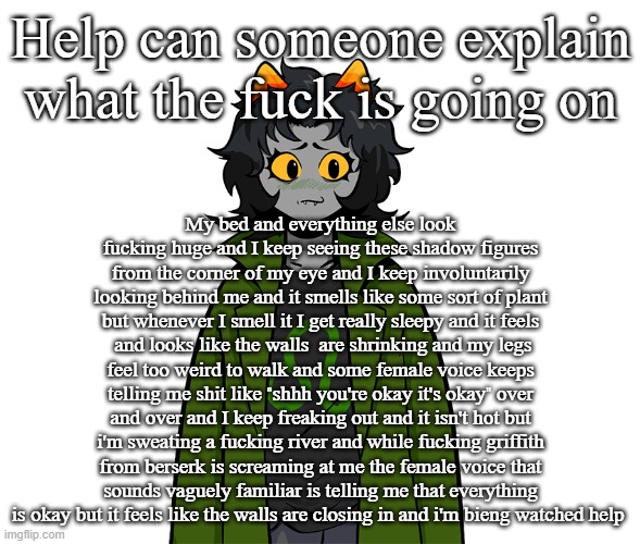 nepeta um | Help can someone explain what the fuck is going on; My bed and everything else look fucking huge and I keep seeing these shadow figures from the corner of my eye and I keep involuntarily looking behind me and it smells like some sort of plant but whenever I smell it I get really sleepy and it feels  and looks like the walls  are shrinking and my legs feel too weird to walk and some female voice keeps telling me shit like "shhh you're okay it's okay" over and over and I keep freaking out and it isn't hot but i'm sweating a fucking river and while fucking griffith from berserk is screaming at me the female voice that sounds vaguely familiar is telling me that everything is okay but it feels like the walls are closing in and i'm bieng watched help | image tagged in nepeta um | made w/ Imgflip meme maker