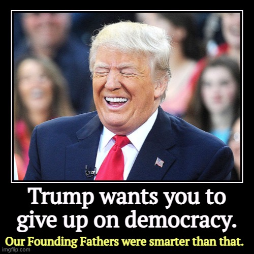 Give up democracy for Trump? That's a lousy trade. | Trump wants you to give up on democracy. | Our Founding Fathers were smarter than that. | image tagged in funny,demotivationals,trump,democracy,authoritarian,dictator | made w/ Imgflip demotivational maker