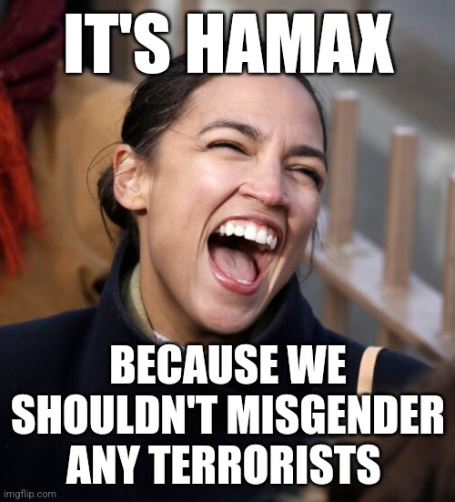 Insane Big Mouth AOC | IT'S HAMAX; BECAUSE WE SHOULDN'T MISGENDER ANY TERRORISTS | image tagged in insane big mouth aoc | made w/ Imgflip meme maker