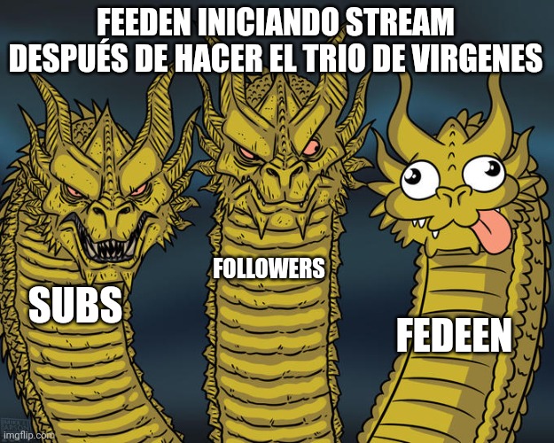 Three-headed Dragon | FEEDEN INICIANDO STREAM DESPUÉS DE HACER EL TRIO DE VIRGENES; FOLLOWERS; SUBS; FEDEEN | image tagged in three-headed dragon | made w/ Imgflip meme maker