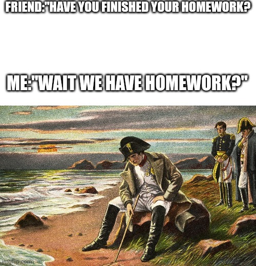 FRIEND:"HAVE YOU FINISHED YOUR HOMEWORK? ME:"WAIT WE HAVE HOMEWORK?" | image tagged in blank white template,napoleon,memes,funny | made w/ Imgflip meme maker