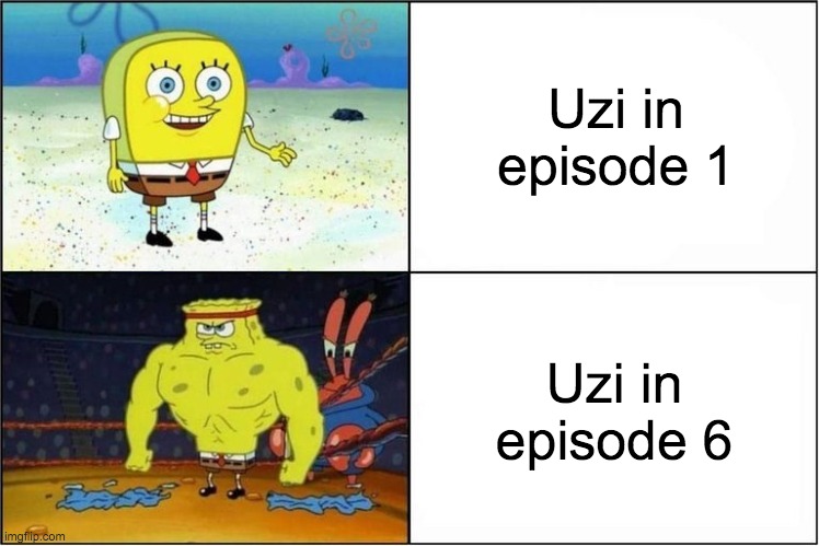 From emo teen to god knows how do I explain it | Uzi in episode 1; Uzi in episode 6 | image tagged in weak vs strong spongebob,memes,murder drones,glitch productions,tag,why are you reading this | made w/ Imgflip meme maker