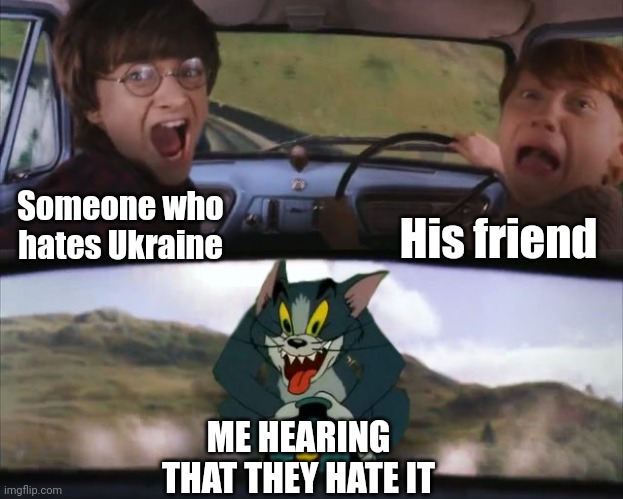 I do not understand why everyone doesn't like Ukraine therefore I call to all imgflipers to be for Ukraine! Thank you! Like! | His friend; Someone who hates Ukraine; ME HEARING THAT THEY HATE IT | image tagged in tom chasing harry and ron weasly | made w/ Imgflip meme maker