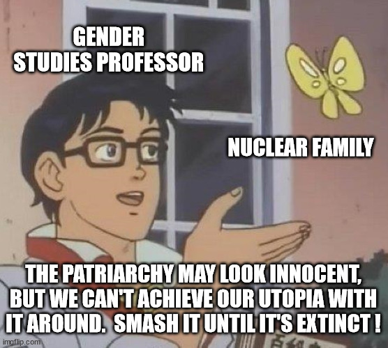 What is the Patriarchy Really? | GENDER STUDIES PROFESSOR; NUCLEAR FAMILY; THE PATRIARCHY MAY LOOK INNOCENT, BUT WE CAN'T ACHIEVE OUR UTOPIA WITH IT AROUND.  SMASH IT UNTIL IT'S EXTINCT ! | image tagged in memes,is this a pigeon,nuclear family,gender studies,patriarchy,butterfly | made w/ Imgflip meme maker