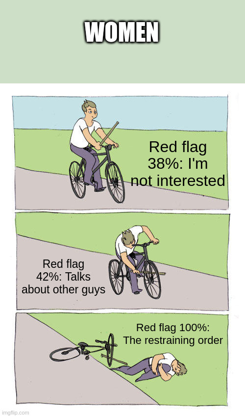 red flag | WOMEN; Red flag 38%: I'm not interested; Red flag 42%: Talks about other guys; Red flag 100%: The restraining order | image tagged in memes,bike fall | made w/ Imgflip meme maker