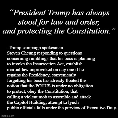 Because that how dictators do. | “President Trump has always stood for law and order, and protecting the Constitution.”; -Trump campaign spokesman Steven Cheung responding to questions concerning rumblings that his boss is planning to invoke the Insurrection Act, establish martial law unprovoked on day one if he regains the Presidency, conveniently forgetting his boss has already floated the notion that the POTUS is under no obligation to protect, obey the Constitution, that calling a violent mob to assemble and attack the Capitol Building, attempt to lynch public officials falls under the purview of Executive Duty. | image tagged in plain black template,trump unfit unqualified dangerous,lying,wannabe,dictator | made w/ Imgflip meme maker