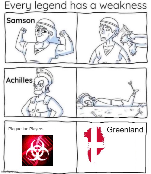 Every Plague.inc Players have this weakness | Plague.inc Players; Greenland | image tagged in every legend has a weakness,greenland,plague inc | made w/ Imgflip meme maker