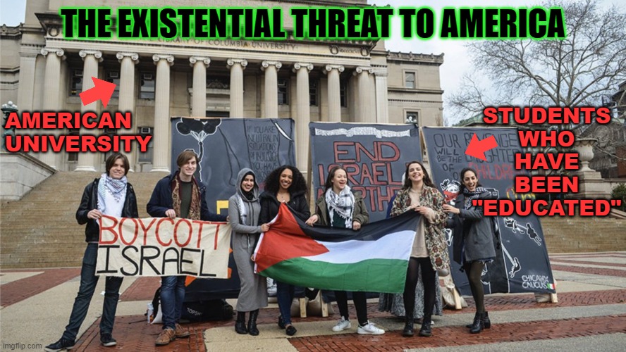 Existential Threat | THE EXISTENTIAL THREAT TO AMERICA; AMERICAN
UNIVERSITY; STUDENTS
WHO
HAVE
BEEN
"EDUCATED" | image tagged in protest,universities | made w/ Imgflip meme maker