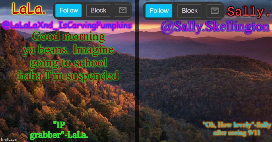 LaLa and sally shared annoucment temp | Good morning ya beans. Imagine going to school haha I’m suspended | image tagged in lala and sally shared annoucment temp | made w/ Imgflip meme maker