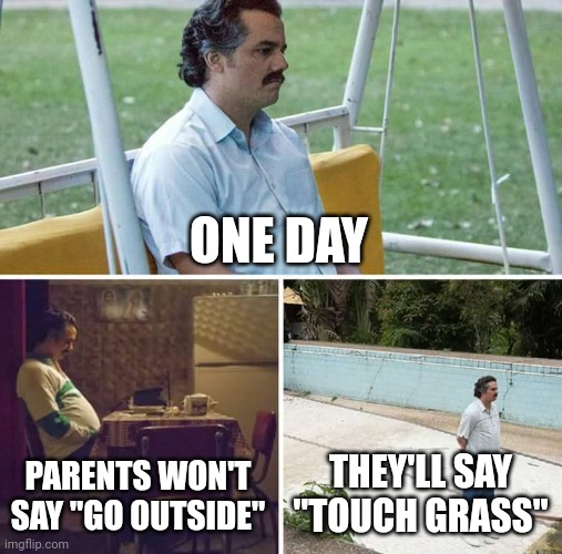 Haven't posted here in a while | ONE DAY; PARENTS WON'T SAY "GO OUTSIDE"; THEY'LL SAY "TOUCH GRASS" | image tagged in memes,sad pablo escobar | made w/ Imgflip meme maker