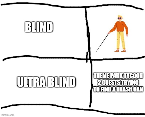 they will always find a way to litter on the ground even if i place a million trash cans in my park | BLIND; ULTRA BLIND; THEME PARK TYCOON 2 GUESTS TRYING TO FIND A TRASH CAN | image tagged in blind,theme park | made w/ Imgflip meme maker