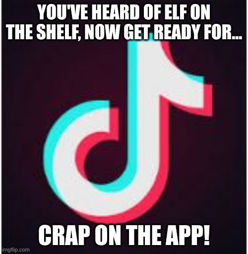 Tik Tok sucks | YOU'VE HEARD OF ELF ON THE SHELF, NOW GET READY FOR... CRAP ON THE APP! | image tagged in tik tok,elf on the shelf,you've heard of elf on the shelf | made w/ Imgflip meme maker