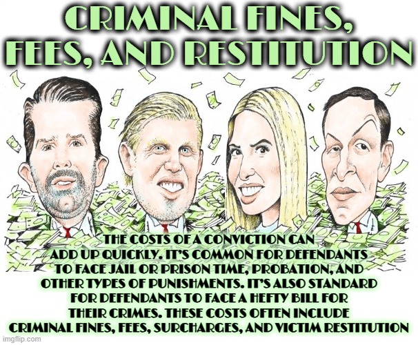 Criminal Fines, Fees, and Restitution | CRIMINAL FINES, FEES, AND RESTITUTION; THE COSTS OF A CONVICTION CAN ADD UP QUICKLY. IT’S COMMON FOR DEFENDANTS TO FACE JAIL OR PRISON TIME, PROBATION, AND OTHER TYPES OF PUNISHMENTS. IT’S ALSO STANDARD FOR DEFENDANTS TO FACE A HEFTY BILL FOR THEIR CRIMES. THESE COSTS OFTEN INCLUDE CRIMINAL FINES, FEES, SURCHARGES, AND VICTIM RESTITUTION | image tagged in restitution,probation,jail,criminal fine,fee,conviction | made w/ Imgflip meme maker