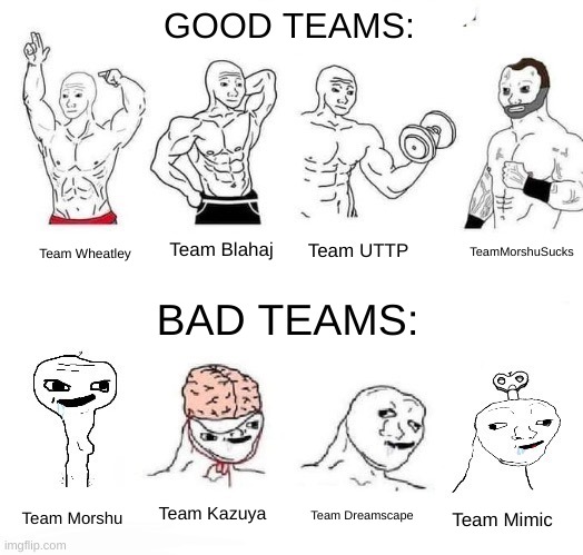 X in the Past vs. X Now | GOOD TEAMS:; TeamMorshuSucks; Team Blahaj; Team UTTP; Team Wheatley; BAD TEAMS:; Team Kazuya; Team Dreamscape; Team Morshu; Team Mimic | image tagged in x in the past vs x now | made w/ Imgflip meme maker