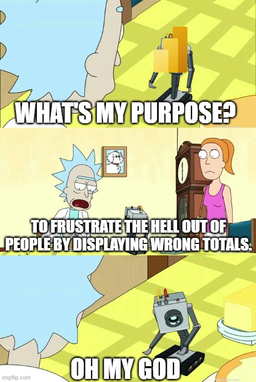 What's My Purpose - Butter Robot | WHAT'S MY PURPOSE? TO FRUSTRATE THE HELL OUT OF PEOPLE BY DISPLAYING WRONG TOTALS. OH MY GOD | image tagged in what's my purpose - butter robot | made w/ Imgflip meme maker