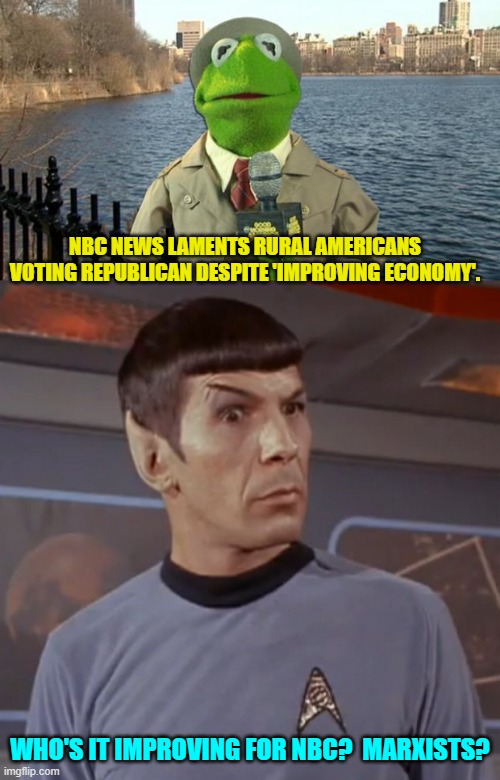 When Spock is confused, there is a serious logic-disconnect. | NBC NEWS LAMENTS RURAL AMERICANS VOTING REPUBLICAN DESPITE 'IMPROVING ECONOMY'. WHO'S IT IMPROVING FOR NBC?  MARXISTS? | image tagged in kermit news report | made w/ Imgflip meme maker