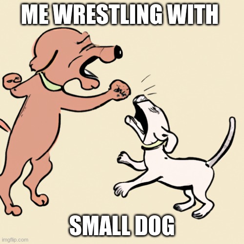 dog fighting a tiny dog | ME WRESTLING WITH; SMALL DOG | image tagged in dog fighting a tiny dog | made w/ Imgflip meme maker