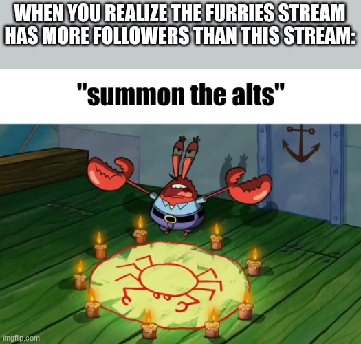 summon the alts | WHEN YOU REALIZE THE FURRIES STREAM HAS MORE FOLLOWERS THAN THIS STREAM: | image tagged in summon the alts | made w/ Imgflip meme maker