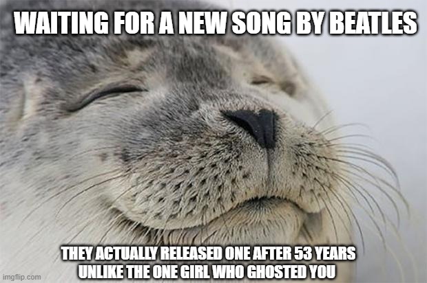 Satisfied Seal | WAITING FOR A NEW SONG BY BEATLES; THEY ACTUALLY RELEASED ONE AFTER 53 YEARS
UNLIKE THE ONE GIRL WHO GHOSTED YOU | image tagged in memes,satisfied seal | made w/ Imgflip meme maker
