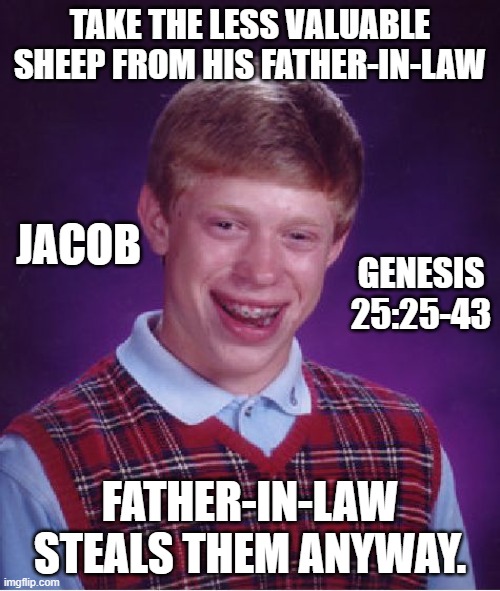 Bad Luck Brian Meme | TAKE THE LESS VALUABLE SHEEP FROM HIS FATHER-IN-LAW; JACOB; GENESIS 25:25-43; FATHER-IN-LAW STEALS THEM ANYWAY. | image tagged in memes,bad luck brian | made w/ Imgflip meme maker