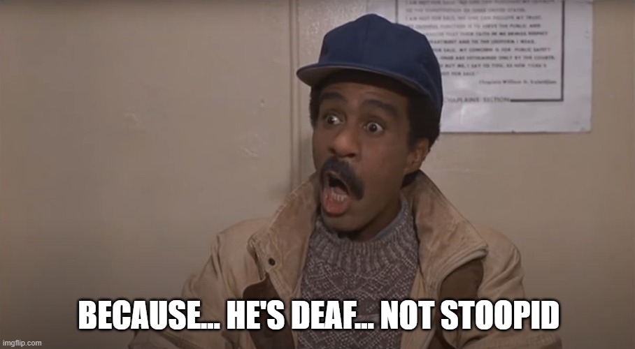 See No Evil Hear No Evil Interrogation Scene | BECAUSE... HE'S DEAF... NOT STOOPID | image tagged in richard pryor | made w/ Imgflip meme maker