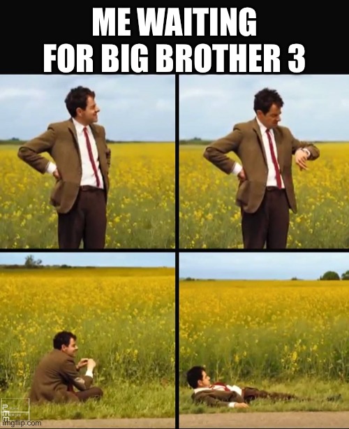 I’m a very impatient person sorry :( | ME WAITING FOR BIG BROTHER 3 | image tagged in mr bean waiting | made w/ Imgflip meme maker